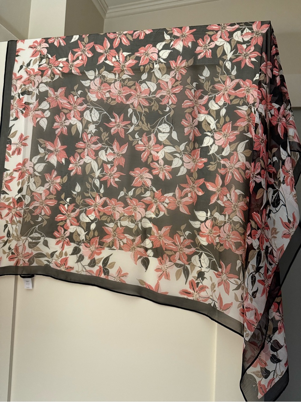 J Jill Floral Sheer Silk Scarf - Black with Pink Flower Print